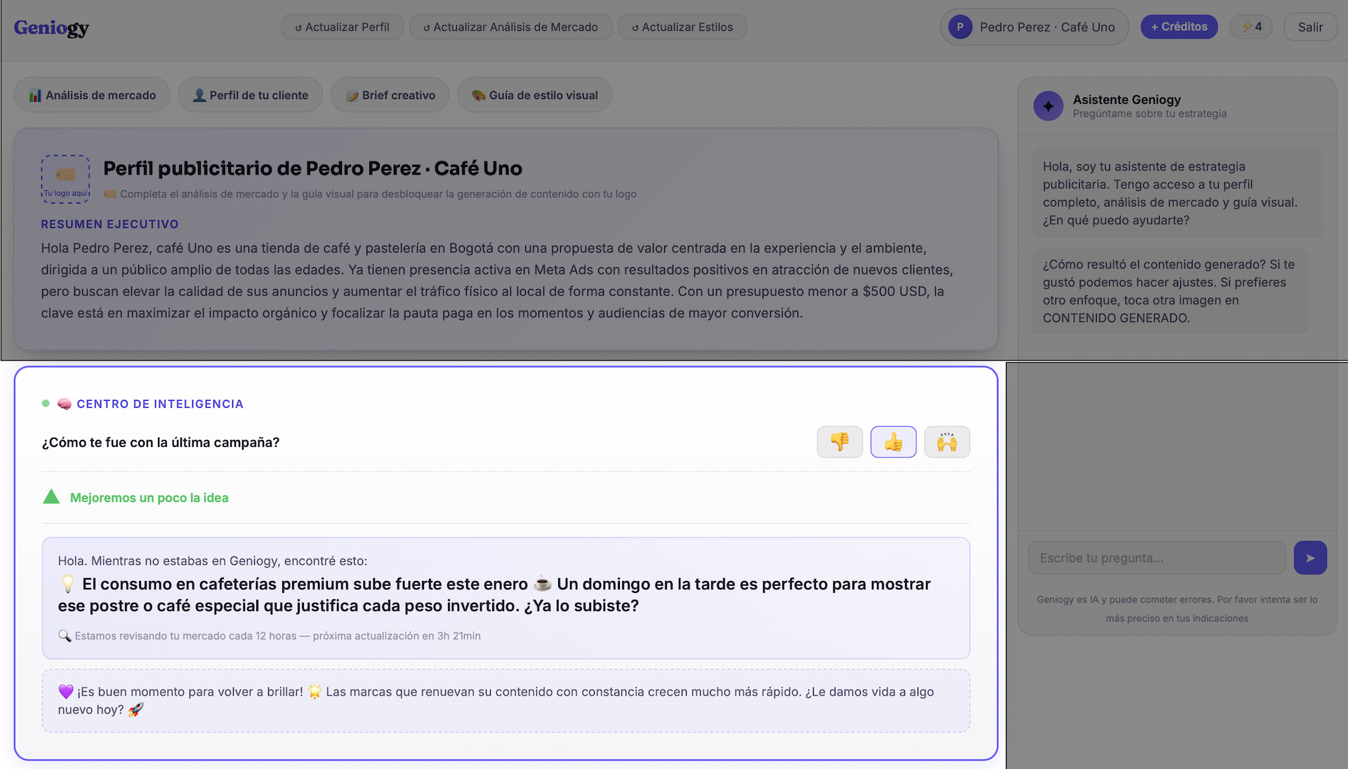 El Centro de Inteligencia resaltado, preguntando cómo le fue al usuario en su última campaña