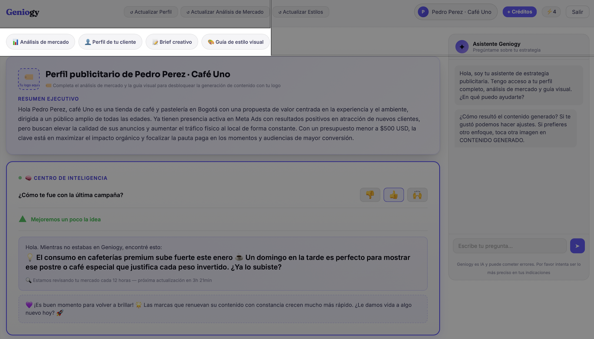 Los cuatro botones de Geniogy resaltados: Análisis de mercado, Perfil de tu cliente, Brief creativo y Guía de estilo visual