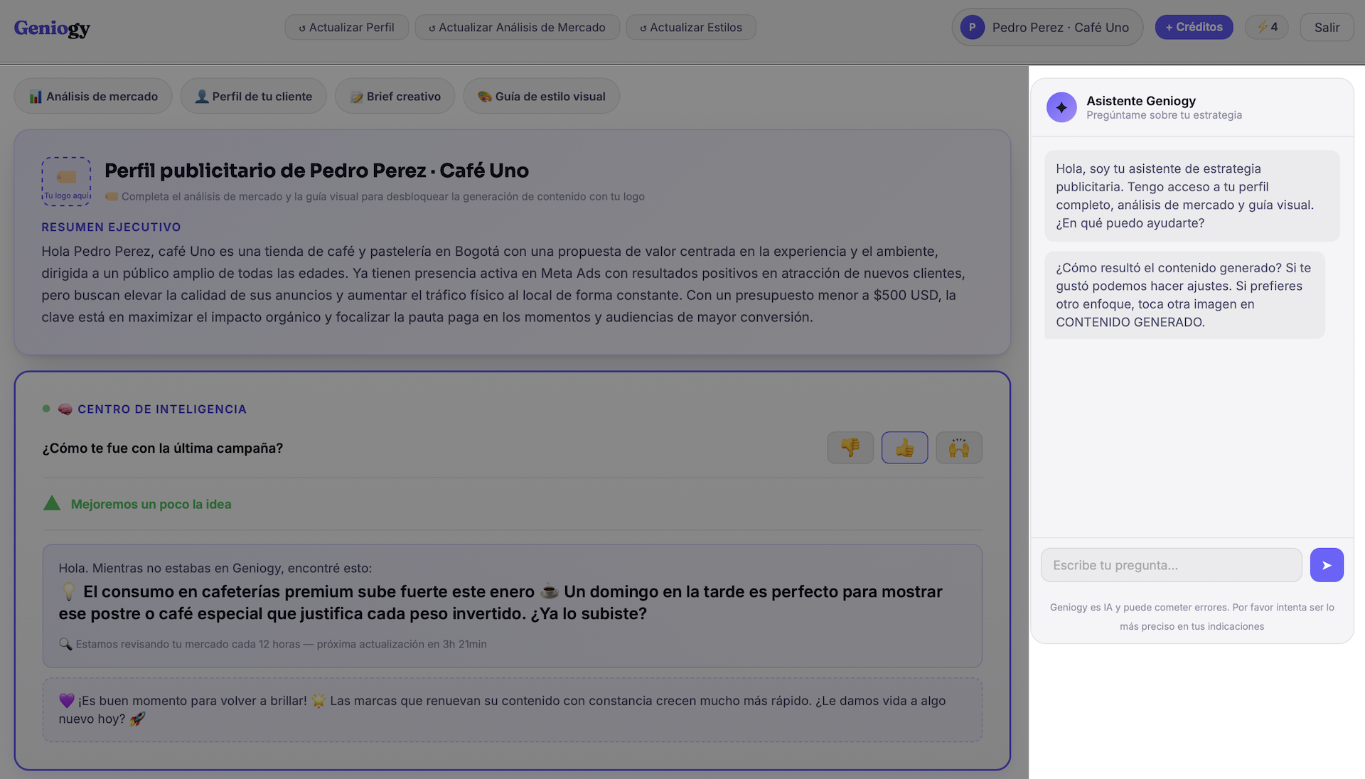 El chat de Geniogy resaltado, donde el usuario escribe instrucciones para ajustar el contenido
